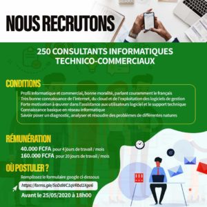 Recrutement de 250 TECHNO-COMMERCIALE 160.000 CFA